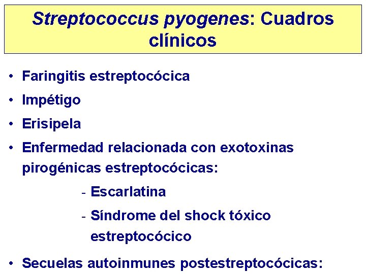 Streptococcus pyogenes: Cuadros clínicos • Faringitis estreptocócica • Impétigo • Erisipela • Enfermedad relacionada