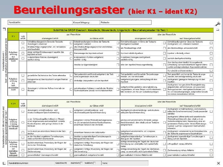 Beurteilungsraster (hier K 1 – ident K 2) 