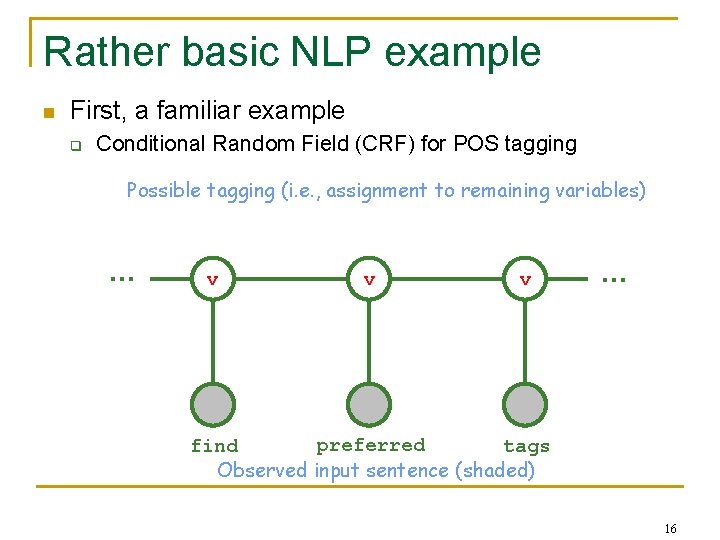 Rather basic NLP example n First, a familiar example q Conditional Random Field (CRF)