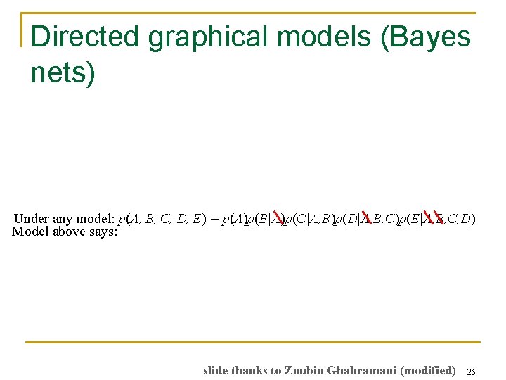 Directed graphical models (Bayes nets) Under any model: p(A, B, C, D, E) =