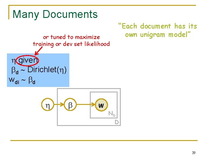 Many Documents or tuned to maximize training or dev set likelihood “Each document has