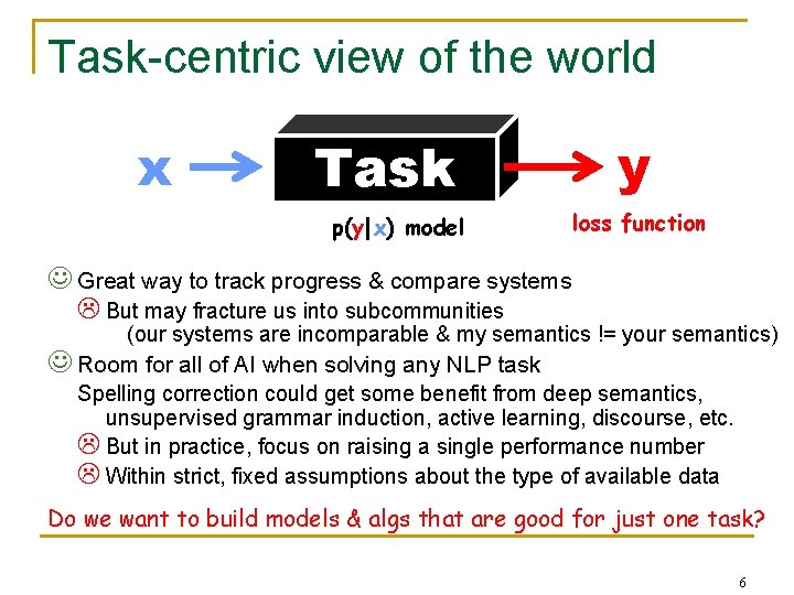 Task-centric view of the world x Task p(y|x) model y loss function J Great