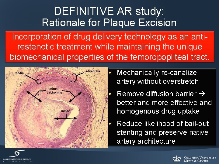 DEFINITIVE AR study: Rationale for Plaque Excision Incorporation of drug delivery technology as an