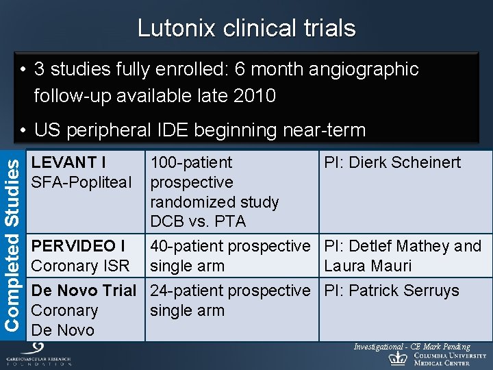 Lutonix clinical trials • 3 studies fully enrolled: 6 month angiographic follow-up available late