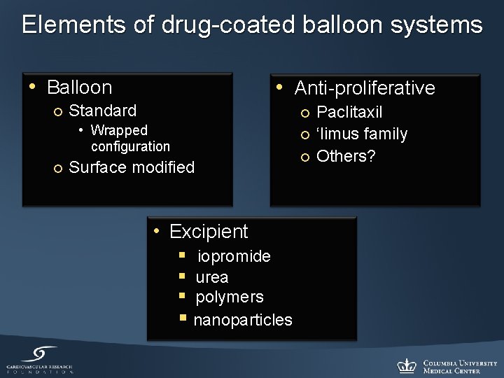 Elements of drug-coated balloon systems • Balloon ¡ • Anti-proliferative Standard • Wrapped configuration