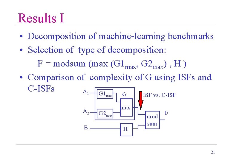 Results I • Decomposition of machine-learning benchmarks • Selection of type of decomposition: F