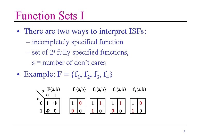 Function Sets I • There are two ways to interpret ISFs: – incompletely specified