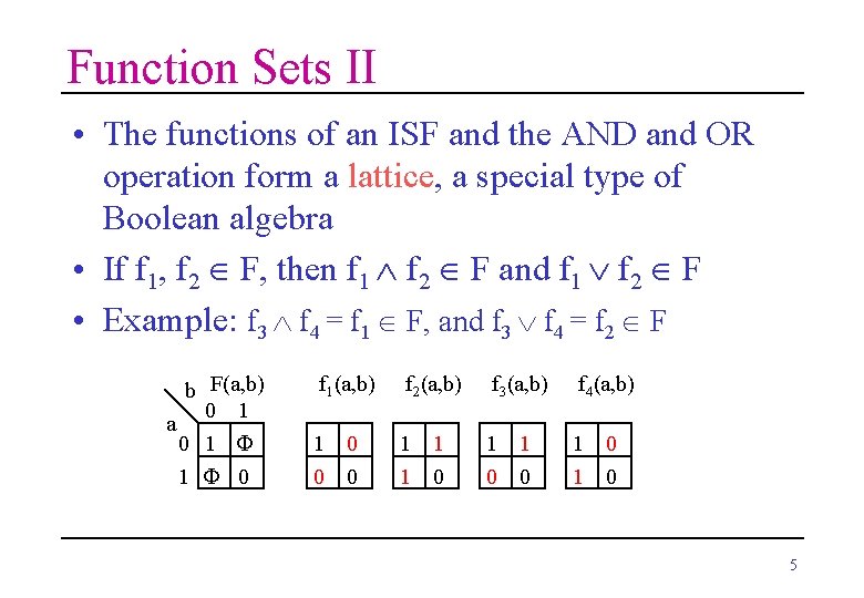 Function Sets II • The functions of an ISF and the AND and OR