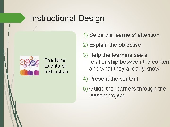 Instructional Design 1) Seize the learners’ attention 2) Explain the objective The Nine Events
