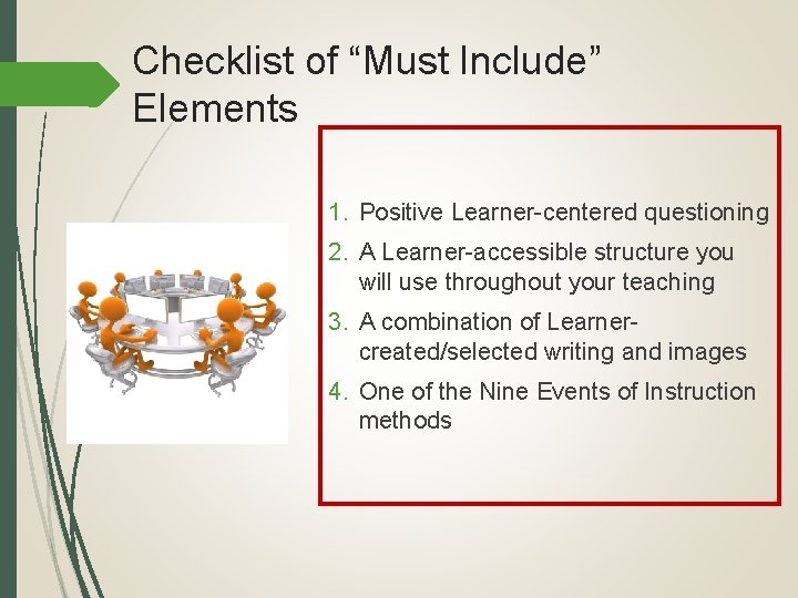 Checklist of “Must Include” Elements 1. Positive Learner-centered questioning 2. A Learner-accessible structure you