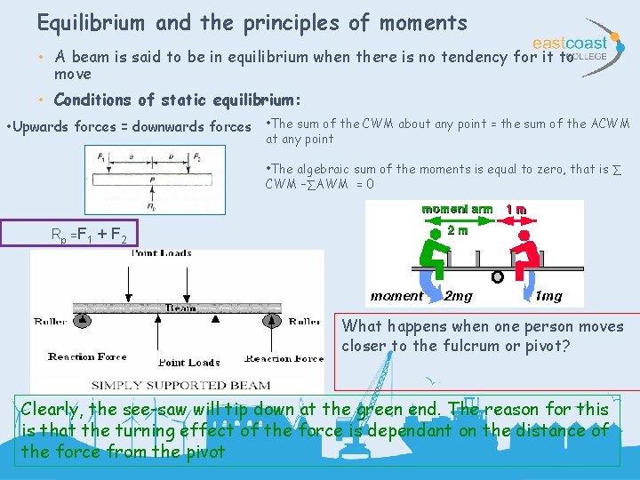 Equilibrium and the principles of moments • A beam is said to be in