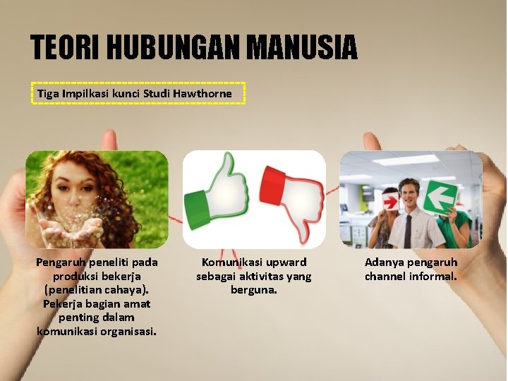 TEORI HUBUNGAN MANUSIA Tiga Impilkasi kunci Studi Hawthorne Pengaruh peneliti pada produksi bekerja (penelitian