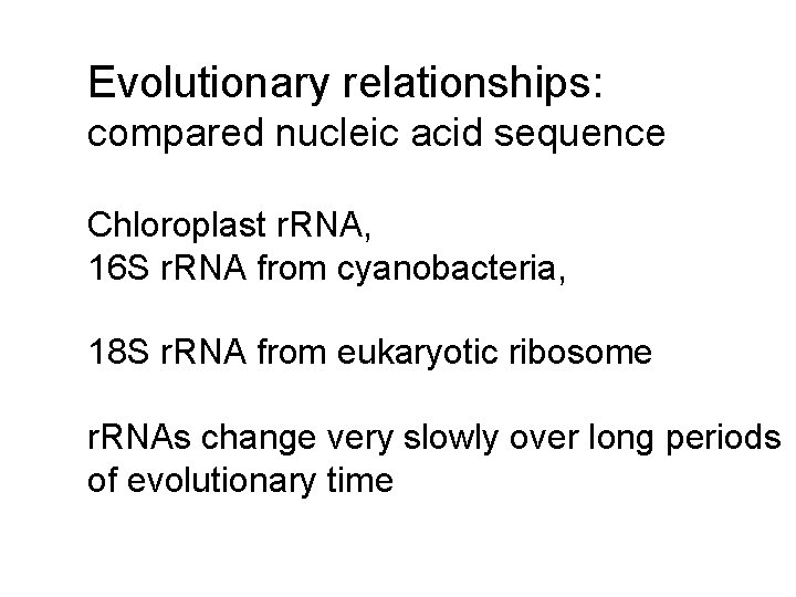 Evolutionary relationships: compared nucleic acid sequence Chloroplast r. RNA, 16 S r. RNA from