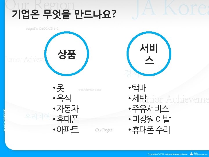 Our Region 기업은 무엇을 만드나요? JA Korea designed by CHOGEOSUNG 서비 스 상품 Junior