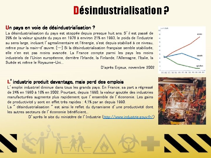 Désindustrialisation ? Un pays en voie de désindustrialisation ? La désindustrialisation du pays est