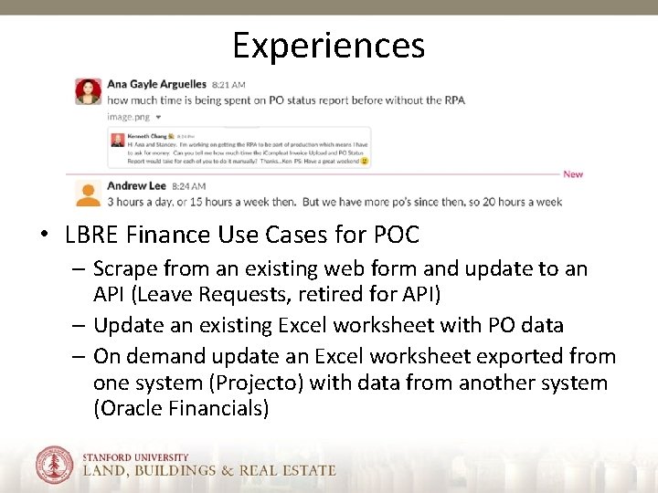 Experiences • LBRE Finance Use Cases for POC – Scrape from an existing web
