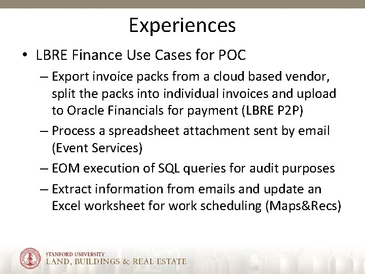 Experiences • LBRE Finance Use Cases for POC – Export invoice packs from a