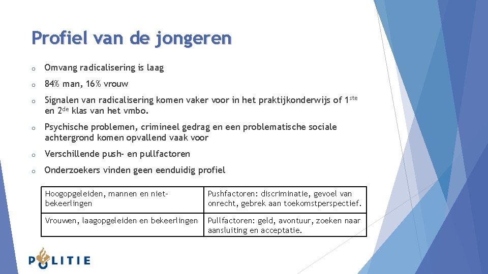 Profiel van de jongeren o Omvang radicalisering is laag o 84% man, 16% vrouw