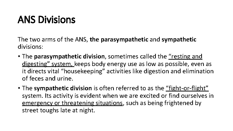 ANS Divisions The two arms of the ANS, the parasympathetic and sympathetic divisions: •