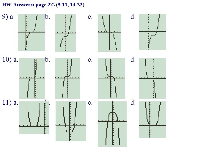 HW Answers: page 227(9 -11, 13 -22) 9) a. b. c. d. 10) a.