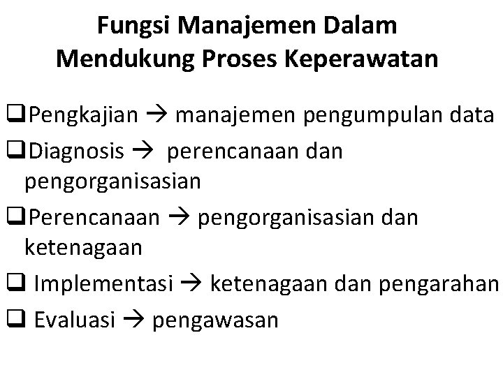 Fungsi Manajemen Dalam Mendukung Proses Keperawatan q. Pengkajian manajemen pengumpulan data q. Diagnosis perencanaan