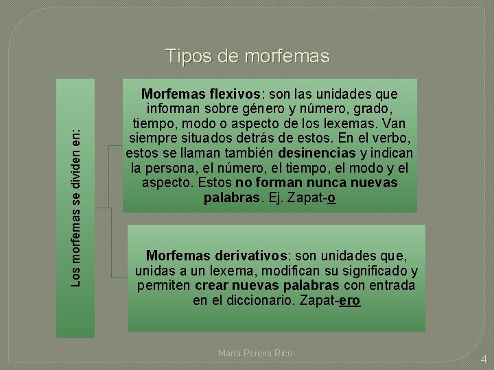 Los morfemas se dividen en: Tipos de morfemas Morfemas flexivos: son las unidades que