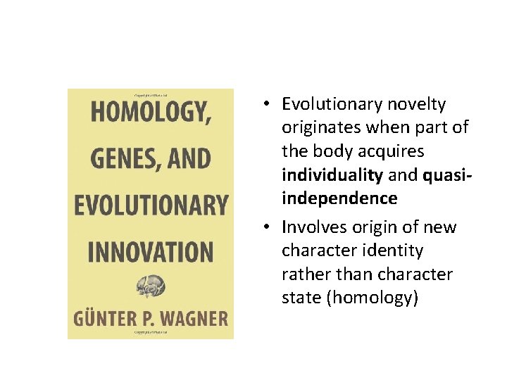  • Evolutionary novelty originates when part of the body acquires individuality and quasiindependence