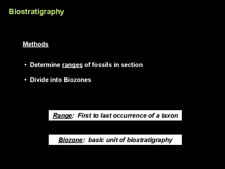 Biostratigraphy Methods • Determine ranges of fossils in section • Divide into Biozones Range:
