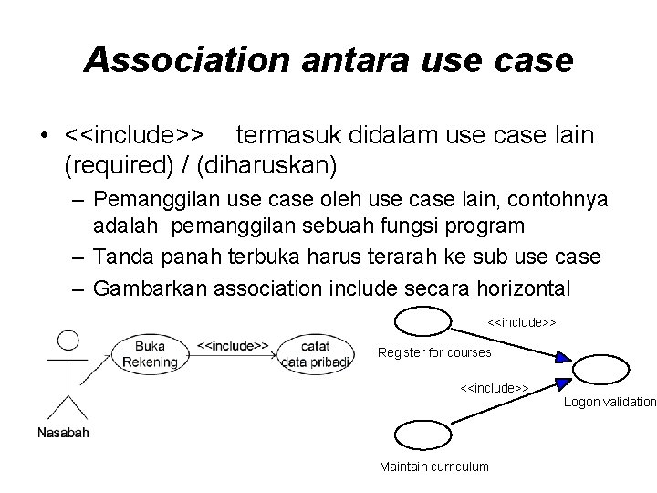 Association antara use case • <<include>> termasuk didalam use case lain (required) / (diharuskan)
