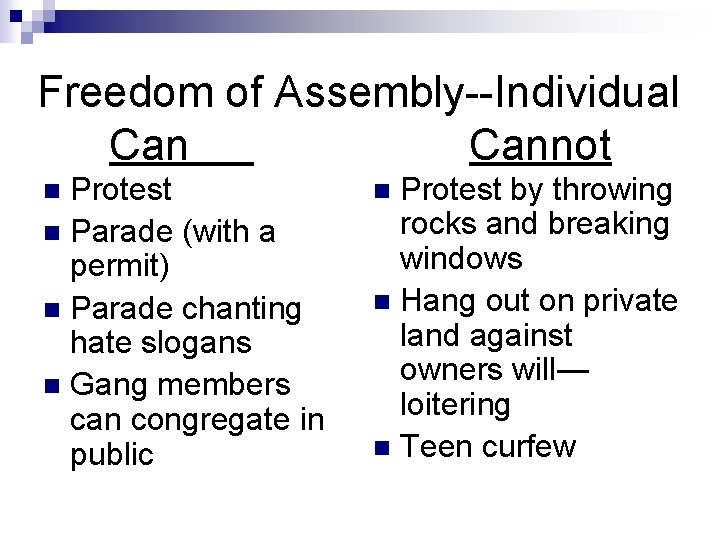 Freedom of Assembly--Individual Cannot Protest n Parade (with a permit) n Parade chanting hate