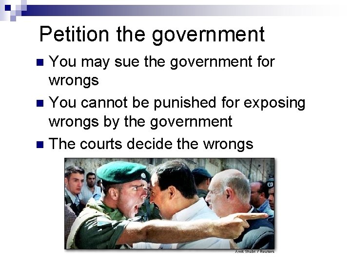 Petition the government You may sue the government for wrongs n You cannot be