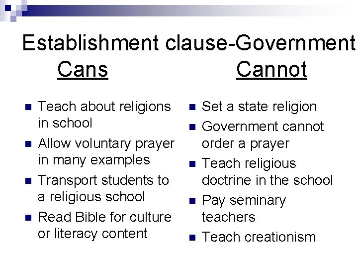 Establishment clause-Government Cans Cannot n n Teach about religions in school Allow voluntary prayer