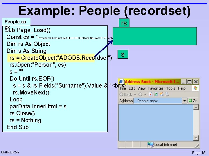 Example: People (recordset) People. as px rs Sub Page_Load() Const cs = "Provider=Microsoft. Jet.