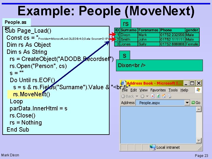 Example: People (Move. Next) People. as px rs Sub Page_Load() Const cs = "Provider=Microsoft.