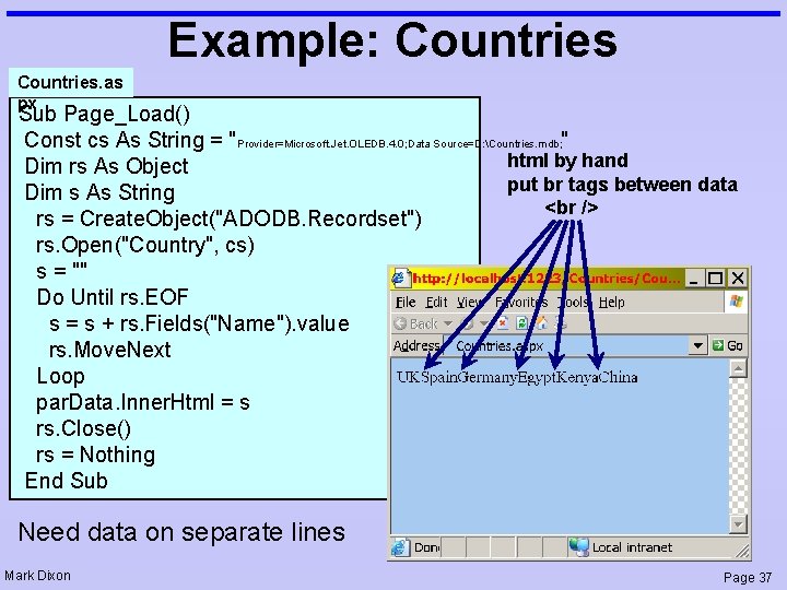 Example: Countries. as px Sub Page_Load() Const cs As String = "Provider=Microsoft. Jet. OLEDB.