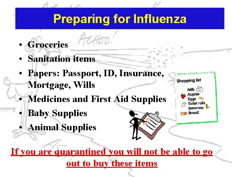Preparing for Influenza • Groceries • Sanitation items • Papers: Passport, ID, Insurance, Mortgage,