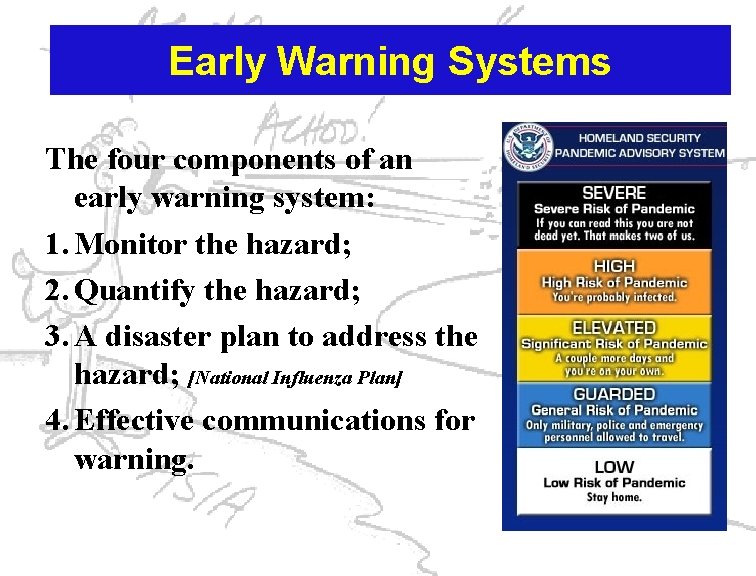 Early Warning Systems The four components of an early warning system: 1. Monitor the