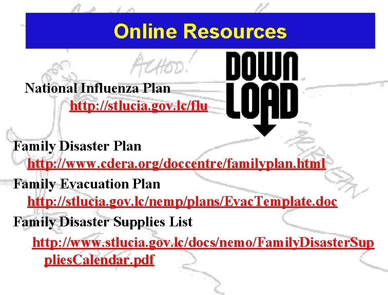 Online Resources National Influenza Plan http: //stlucia. gov. lc/flu Family Disaster Plan http: //www.