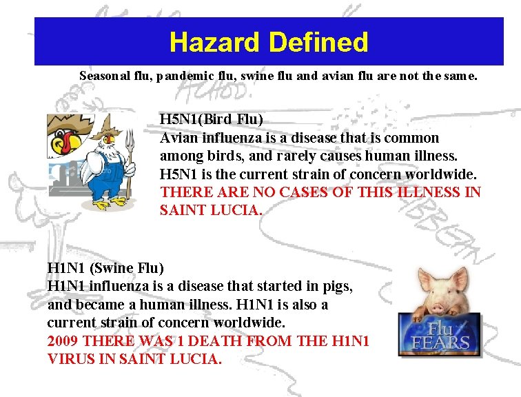 Hazard Defined Seasonal flu, pandemic flu, swine flu and avian flu are not the