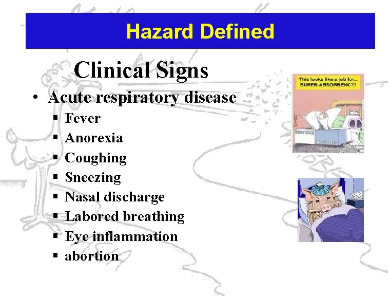 Hazard Defined Clinical Signs • Acute respiratory disease § § § § Fever Anorexia