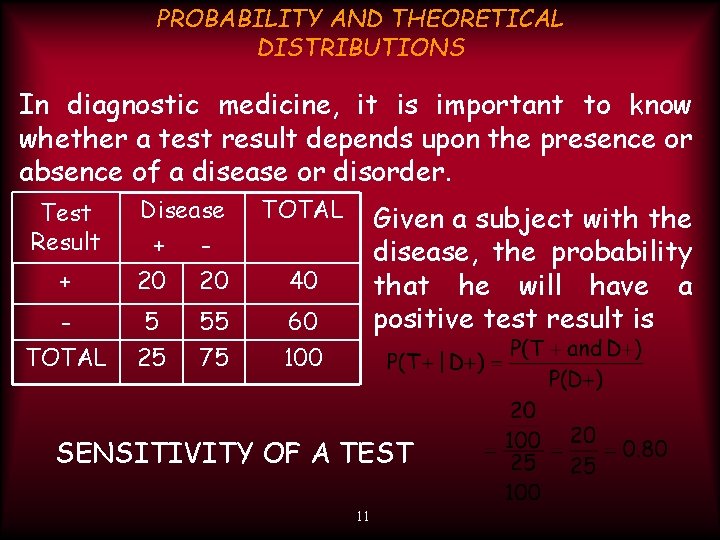 PROBABILITY AND THEORETICAL DISTRIBUTIONS In diagnostic medicine, it is important to know whether a