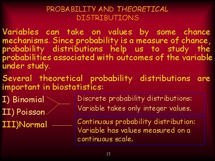 PROBABILITY AND THEORETICAL DISTRIBUTIONS Variables can take on values by some chance mechanisms. Since