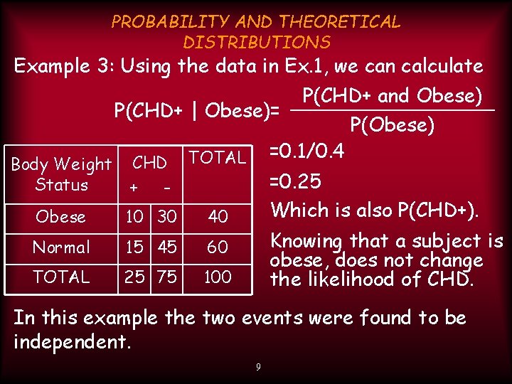 PROBABILITY AND THEORETICAL DISTRIBUTIONS Example 3: Using the data in Ex. 1, we can