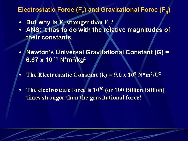 Electrostatic Force (Fe) and Gravitational Force (Fg) • But why is Fe stronger than