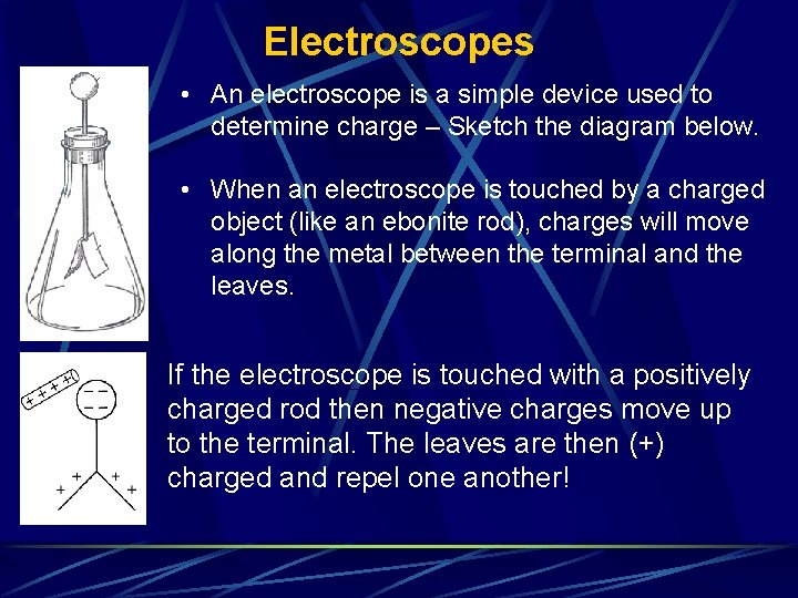 Electroscopes • An electroscope is a simple device used to determine charge – Sketch