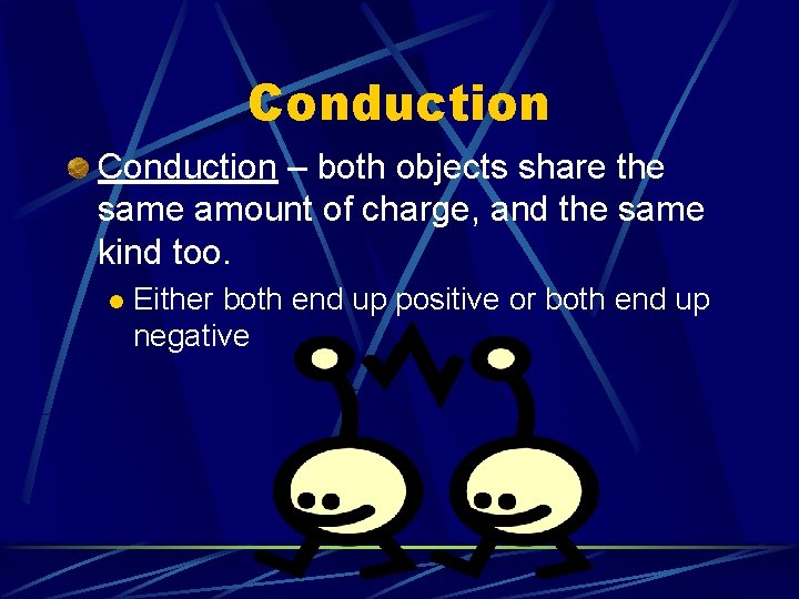 Conduction – both objects share the same amount of charge, and the same kind