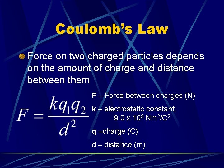 Coulomb’s Law Force on two charged particles depends on the amount of charge and