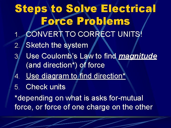Steps to Solve Electrical Force Problems 1. CONVERT TO CORRECT UNITS! 2. Sketch the