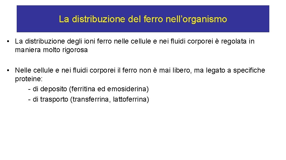 La distribuzione del ferro nell’organismo • La distribuzione degli ioni ferro nelle cellule e