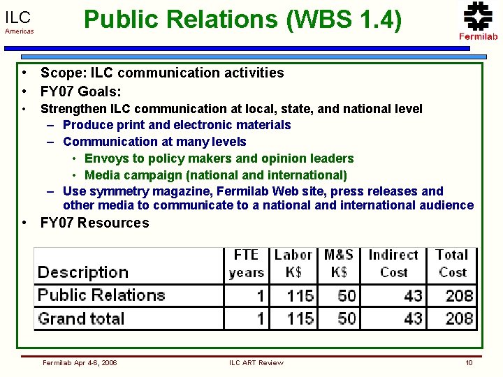 ILC Americas Public Relations (WBS 1. 4) • Scope: ILC communication activities • FY